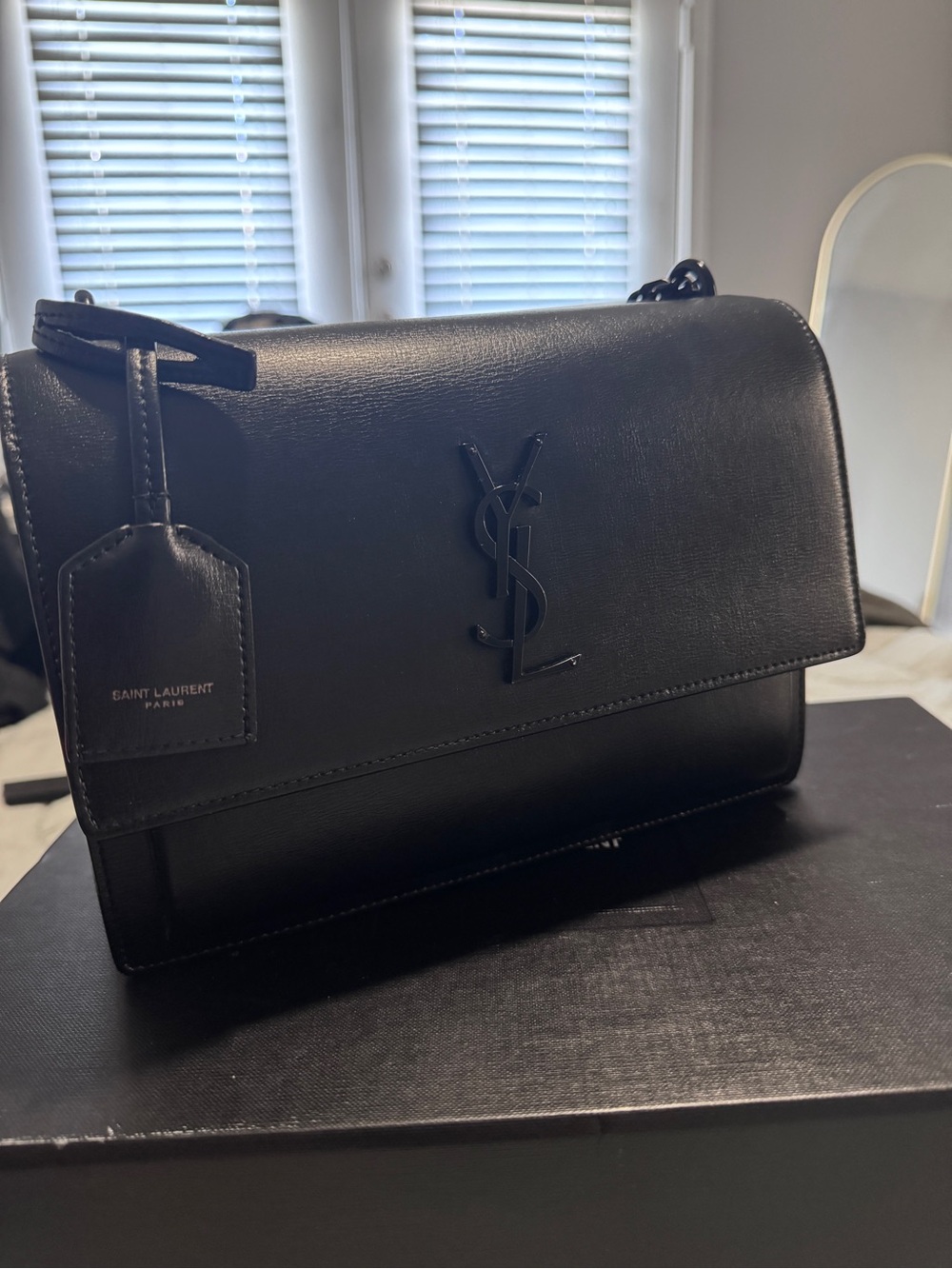 SAINT LAURENT Monogram YSL Calfskin Medium Sunset Satchel Black